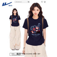 回力短袖t恤女2025新款夏藏青色半袖大碼顯瘦遮肚子胖mm純棉寬松上衣