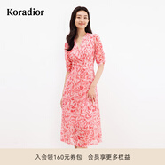 珂萊蒂爾[瑰麗小蠻腰]夏四面彈收腰氣質(zhì)茶雪紡茶歇印花連衣裙女 淡橙紅 S