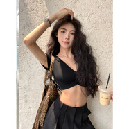 古闌迪莉性感上衣女夜店歐美V領(lǐng)露腰T恤夏辣妹爵士舞甜辣jazz緊身短款露臍 黑色 XS