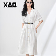 XAQ高端連衣裙女夏季時尚休閑氣質(zhì)女神范通勤單排扣收腰條紋襯衫長裙 黑白條紋 S