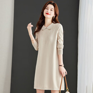 小紅書(shū)爆款高檔貴夫人小翻領(lǐng)純色針織打底毛衣裙中長(cháng)款寬松a版連 杏色 2XL 均碼