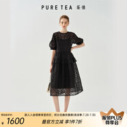 茶·愫【靜奢千金】puretea茶愫圓領(lǐng)蕾絲燈籠袖繡花荷葉邊連衣裙25夏新 石墨黑 L