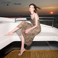 三彩2025夏季新款豹紋吊帶裙蕾絲花邊蕩領(lǐng)連衣裙長(cháng)裙女