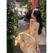 韓語(yǔ)琳空間黃色玫瑰印花V領(lǐng)連衣裙女2025新款夏季氣質(zhì)氛圍感度假長(zhǎng)裙 黃色 M