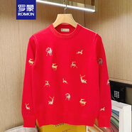 羅蒙（ROMON）輕奢潮牌輕奢個(gè)性長(cháng)袖針織衫男士秋冬款彩色麋鹿刺繡修身圓領(lǐng)毛衣 B3010-紅色 常規 3XL 165-180斤