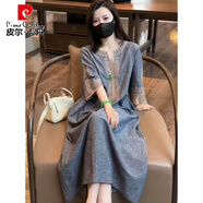 皮爾卡丹（pierre cardin）重工刺繡棉麻中長(cháng)款連衣裙2025夏季新款大碼寬松休閑氣質(zhì)亞麻裙子 灰色 2XL 150-170斤