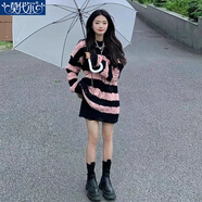莫代爾針織衫女2025春秋新款粉色條紋寬松慵懶毛衣女小眾不規則甜辣上衣 黑粉 L _建議115-130斤