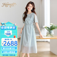 Homesee海外輕奢高端連衣裙別致設計感系帶女裝超好看掐腰雪紡A字中長(cháng)裙 淺藍色 M