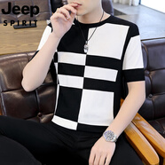 JEEP SPIRIT吉普男式針織短袖T恤夏季高端修身圓領(lǐng)上衣薄款休閑格子半袖體恤 黑色 M 90-105斤