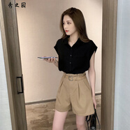 范哲莎單件/套裝女夏季年新款坎肩襯衫上衣+休閑短褲子時(shí)尚兩件套潮 黑色上衣+卡其色短褲(+皮帶) S 80-95斤