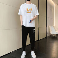 麥潮尚男士T恤短袖T恤套裝男夏季新款全套長(cháng)褲一套 白色 W01 S 60-80斤