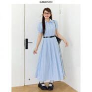 泡普巨鹿工作室“語春風(fēng)”微胖mm韓系藍(lán)色收腰條紋襯衫裙大碼連衣裙 2XL