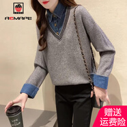 AEMAPE 假兩件毛衣女2025春秋季拼接牛仔布針織衫女寬松上衣 MX-7284_灰色 XL _115-125斤