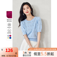梵希蔓法式鏤空套頭短袖針織衫女2025年夏季新款提花泡泡袖上衣薄 73136 水藍(lán)色 L