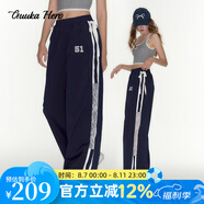 古由卡（GUUKA）HERO潮流蕾絲拼接休閑直筒褲女春新款時尚舒適蝴蝶結(jié)織帶長褲寬松 藏青 S