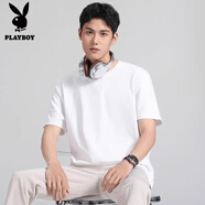 花花公子;PLAYBOY冰氧吧短袖T恤男2025夏季涼感半袖冰絲純色時尚寬松運動體恤上衣 白色 2XL 【適合155-175斤】
