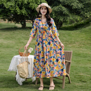 高端中袖碎花洋裝女夏2025年新款時(shí)尚洋派中年媽媽上衣遮肚裙子 19色 XL XL建議95-10斤