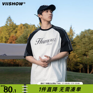 viishow純棉拼接撞色插肩袖T恤男夏季純棉休閑寬松情侶體恤復(fù)古印花T恤 白灰 M