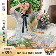 兩三事梵高法式油畫仙女裙海邊度假連衣裙夏季短袖裙子女沉醉入夢(mèng) 藍(lán)色 L