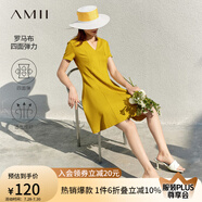AMII法式復(fù)古a字連衣裙女夏季新款赫本風(fēng)顯瘦V領(lǐng)修身裙子 芥黃 S 155/80A