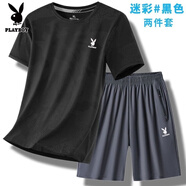 花花公子夏季冰絲速干運(yùn)動(dòng)服套裝男涼感一整套寬松圓領(lǐng)戶外籃球跑步服大碼 【官方正品】迷彩黑T恤+灰色短褲 L 【建議80-100斤】