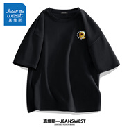 真維斯（Jeanswest）半袖男夏季大碼男士衣服男生純棉休閑短袖體恤胖子寬松男裝白t恤 黑色(葵花印象胸標(biāo)) S (建議85斤-100斤左右)