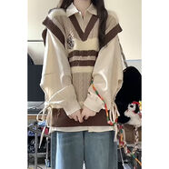 hellomeimei春秋新款日系甜美學(xué)院風(fēng)撞色v領(lǐng)針織馬甲女顯瘦長(cháng)袖襯衫單件/套裝 杏色綁帶長(cháng)袖襯衫[單件] S 均碼