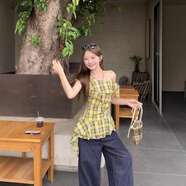 Prowow實(shí)拍不規(guī)則斜領(lǐng)露肩撞色格子吊帶衫女夏季韓版百搭飄帶上衣潮 黃色格子 不規(guī)則 均碼