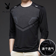 花花公子（PLAYBOY）男士長(zhǎng)袖t恤夏季款冰絲速干防曬上衣體恤休閑運(yùn)動(dòng)健身跑步服 5802黑色 M 【100-125斤】