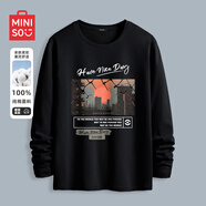 名創(chuàng)優(yōu)品（MINISO）長袖t恤男春秋季寬松休閑百搭純棉打底衫簡約百搭圓領(lǐng)男裝上衣服 黑色(日落城市) L 175(體重120-140斤左右)
