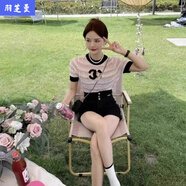 顧夕岑小香風(fēng)感鏤空撞色冰絲針織衫女短袖圓領(lǐng)套頭名媛短款小眾上衣 粉色 S