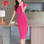 皮爾卡丹2025夏季日韓版女裝圓領(lǐng)小飛袖修身毛衣裙開(kāi)叉包臂針織連衣裙女 玫紅色 L