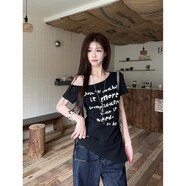 可可里小姐可可里斜領(lǐng)短袖T恤女裝夏季辣妹風(fēng)修身顯瘦不規(guī)則設(shè)計感露肩上衣 黑色 S