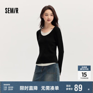 森馬毛衣女拼色假兩件毛衫修身春秋圓領套頭衫顯瘦109524107002