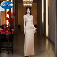 A 21 FUNB2025新款香檳色伴娘服夏季緞面感小眾禮服裙女 F8 長(cháng)款 香檳金 拉鏈款 XL