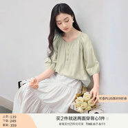 香影中袖襯衫女圓領2025夏裝新款慵懶泡泡袖氣質淑女寬松藍色上衣 淺綠 L 165/88A/110-125斤