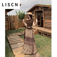 LISCN復(fù)古波西米亞風(fēng)連衣裙歐美露肩短袖T恤女夏季高腰半身裙兩件套潮 半身裙 L