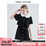 VEGA CHANG假兩件黑色裙子女夏娃娃領(lǐng)法式收腰顯瘦氣質(zhì)連衣裙 黑色 XL