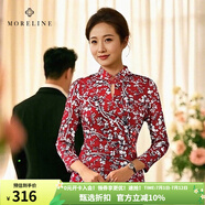 MORELINE沐蘭新中式復(fù)古旗袍領(lǐng)盤扣T恤女2024秋新款修身印花百搭長(zhǎng)袖體恤 紅啡花 2XL