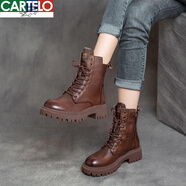 卡帝樂(lè )鱷魚(yú)（CARTELO）馬丁靴女英倫風(fēng)2023年新款pu皮平底春秋單靴百搭厚底防滑短靴子潮 棕色單里 35