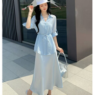 羅蒙綢緞連衣裙兩件套女歐洲站2025春夏新款遮肚顯瘦天絲收腰襯衫吊帶 冰川藍 套裝 M 建議80-110斤