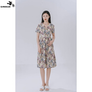 哥弟（GIRDEAR）女裝夏裝款赫本風(fēng)穿搭裙子洋氣顯瘦減齡V領(lǐng)短袖連衣裙 1500225  花色 粉色印花 S (2碼)