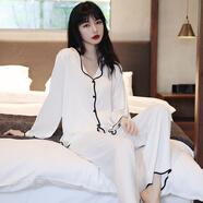 蘭詩(shī)緹娜（LANSHITINA）冰絲睡衣女夏季2025新款女士套裝感長(zhǎng)袖長(zhǎng)款家居服春秋款薄款 [長(zhǎng)袖+長(zhǎng)褲]牛奶白 M 建議95-110斤