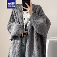 羅蒙（ROMON）麻花毛衣女針織粗棒針韓系外套中長(zhǎng)款秋冬穿搭慵懶風(fēng)寬松溫柔上衣 灰色 均碼 -90-140斤