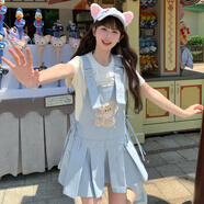 森女部落甜美可愛(ài)小熊設計感背帶短裙純棉寬松連衣裙女夏2025新款 藍色背帶裙 單件 M