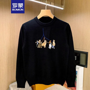 羅蒙（ROMON）歐美風(fēng)潮牌黑色上衣修身長(zhǎng)袖針織衫男秋冬款個(gè)性狗狗男士刺繡毛衣 黑色 XL 145-155斤