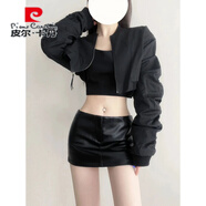 皮爾卡丹（pierre cardin）歐美性感辣妹pu皮裙半身裙女新款小個(gè)子低腰防走光緊身包臀短裙子 黑色 薄絨 XS