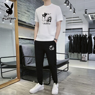 花花公子2025年夏季冰絲短袖套裝男時(shí)尚潮流搭配休閑夏天運動(dòng)褲子男士衣服 中國白色套裝 2XL 130-140斤