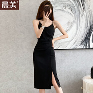 晨芙性感V領(lǐng)吊帶連衣裙女夏季時(shí)尚小個(gè)子氣質(zhì)無(wú)袖打底外穿內(nèi)搭職業(yè)裙 589黑色連衣裙單件 L 建議100-110斤