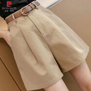 皮爾卡丹（PIERRE CARDIN）英倫風(fēng)五分短褲女高腰a字短褲2025卡其色短褲外穿寬松休閑熱褲 卡其色短褲 送皮帶 M 建議95-105斤